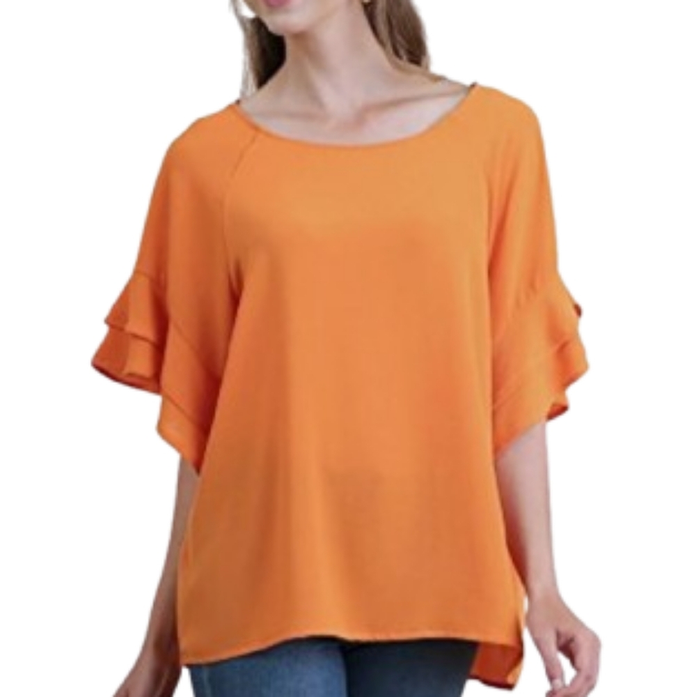 Umgee Burnt Orange Round Neck Layered Ruffle Slv Top Sz Lg
